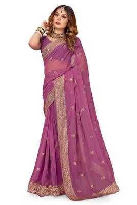 Purple embroidered georgette saree with blouse 1