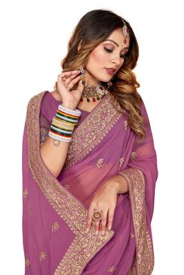 Purple embroidered georgette saree with blouse 2