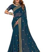 Teal embroidered georgette saree with blouse