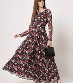 Floral printed fit and flared georgette black dress