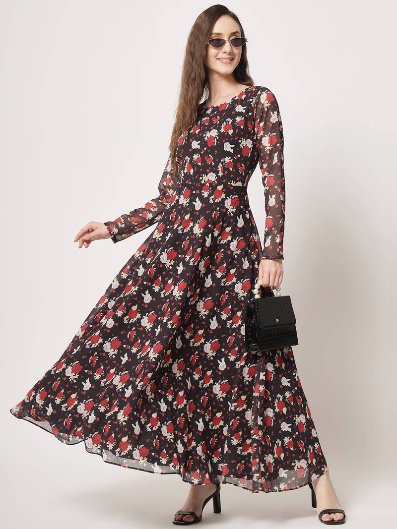 Floral printed fit and flared georgette black dress