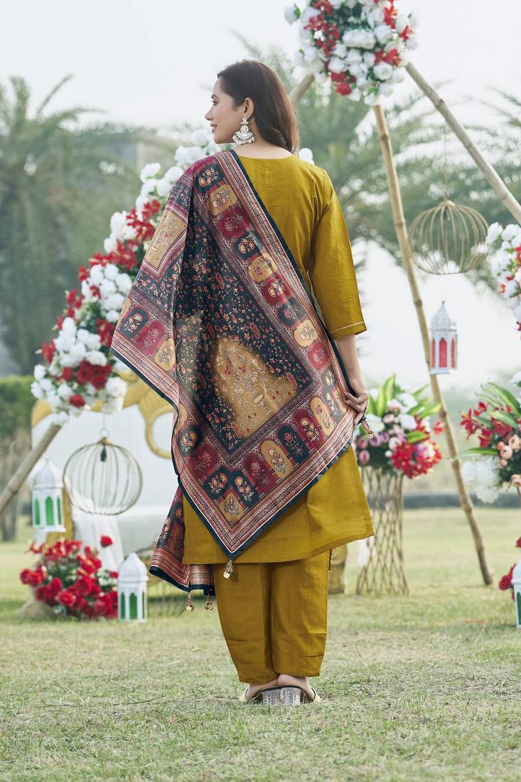 Mustard Chinon Pocket Embroidery Straight Kurta Salwar With Multicolor Bandhani Dupatta