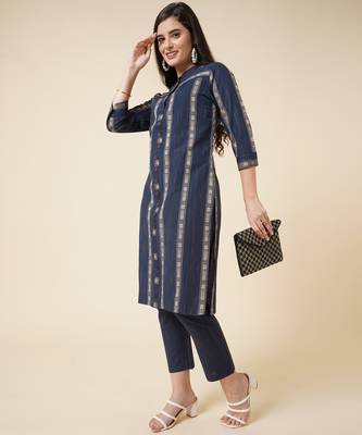 Anushil cotton checkered mandarin collar 3/4th sleeves straight kurta with pant set (colour - blue) 1