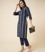 Anushil cotton checkered mandarin collar 3/4th sleeves straight kurta with pant set (colour - blue)