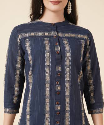Anushil cotton checkered mandarin collar 3/4th sleeves straight kurta with pant set (colour - blue) 2