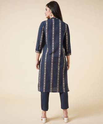 Anushil cotton checkered mandarin collar 3/4th sleeves straight kurta with pant set (colour - blue) 3