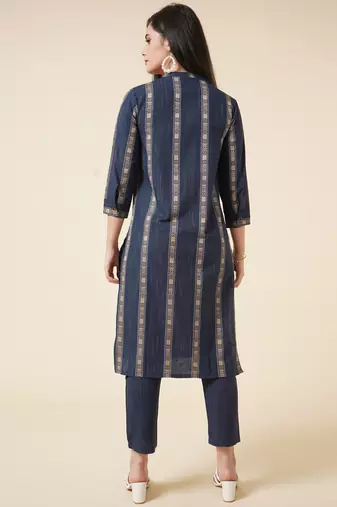 Anushil cotton checkered mandarin collar 3/4th sleeves straight kurta with pant set (colour - blue)