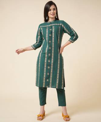 Anushil cotton checkered mandarin collar 3/4th sleeves straight kurta with pant set (colour - green) 1