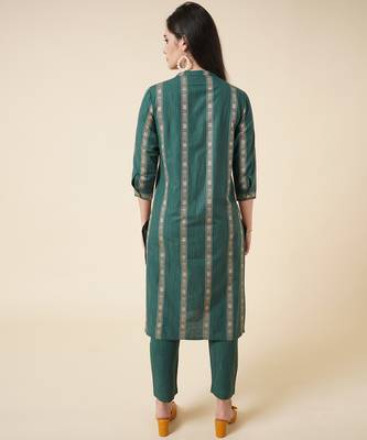 Anushil cotton checkered mandarin collar 3/4th sleeves straight kurta with pant set (colour - green) 2