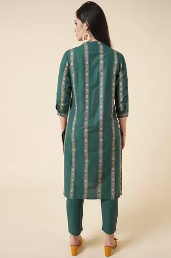 Anushil cotton checkered mandarin collar 3/4th sleeves straight kurta with pant set (colour - green)