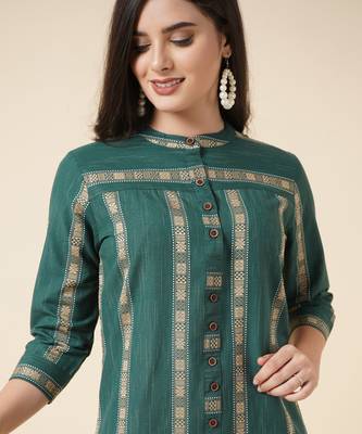 Anushil cotton checkered mandarin collar 3/4th sleeves straight kurta with pant set (colour - green) 3