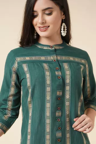 Anushil cotton checkered mandarin collar 3/4th sleeves straight kurta with pant set (colour - green)