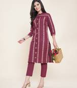 Anushil cotton checkered mandarin collar 3/4th sleeves straight kurta with pant set (colour - maroon)