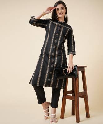 Anushil cotton checkered mandarin collar 3/4th sleeves straight kurta with pant set (colour - black) 1