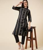 Anushil cotton checkered mandarin collar 3/4th sleeves straight kurta with pant set (colour - black)