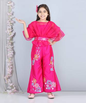 Hot pink silk embroidery pant set 1