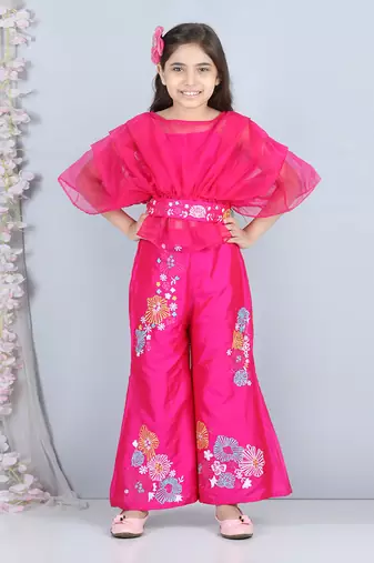 Hot pink silk embroidery pant set