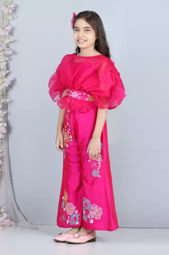 Hot pink silk embroidery pant set