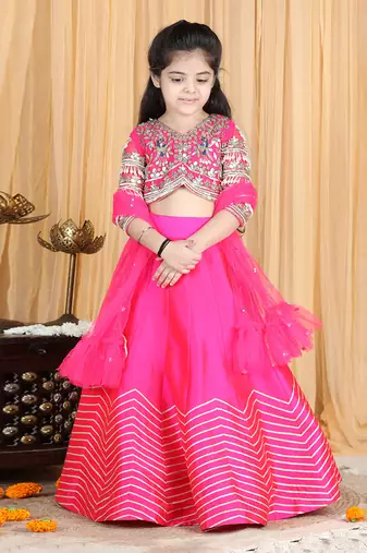 Hot pink silk gota embroidery lehenga set