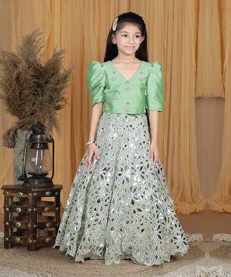 Pista green leather work lehenga set 1