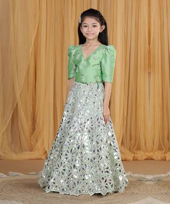 Pista green leather work lehenga set 2