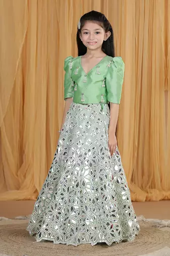 Pista green leather work lehenga set