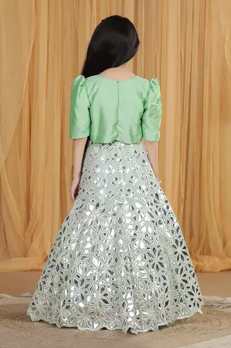Pista green leather work lehenga set