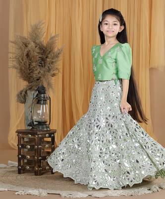 Pista green leather work lehenga set 4