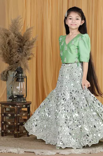 Pista green leather work lehenga set