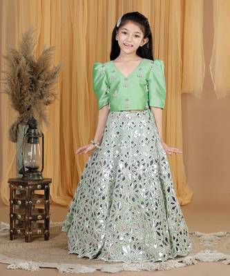 Pista green leather work lehenga set 5