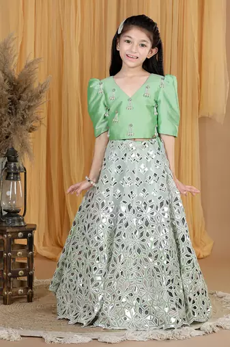 Pista green leather work lehenga set