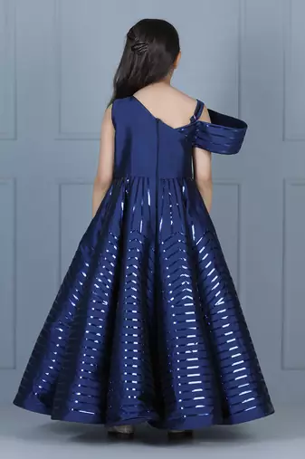 Blue glossy taping embellished gown
