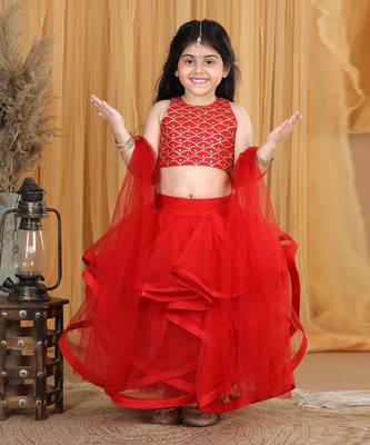 Red net layers and embroidery lehanga set 2