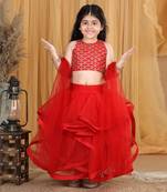 Red net layers and embroidery lehanga set