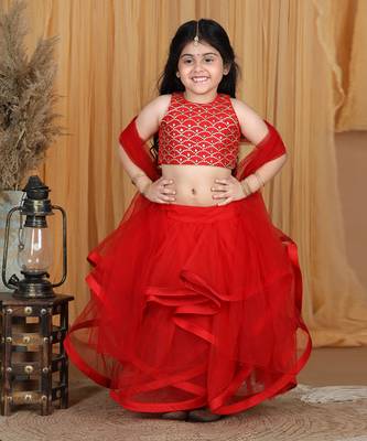 Red net layers and embroidery lehanga set 1
