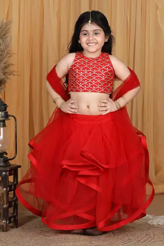 Red net layers and embroidery lehanga set