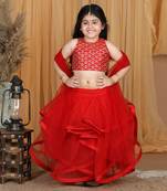 Red net layers and embroidery lehanga set