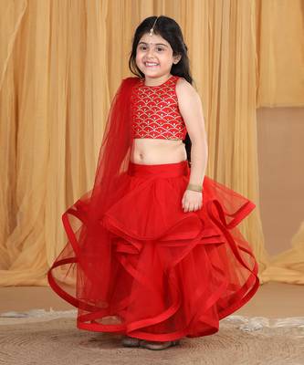 Red net layers and embroidery lehanga set 3