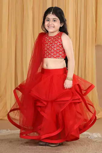 Red net layers and embroidery lehanga set