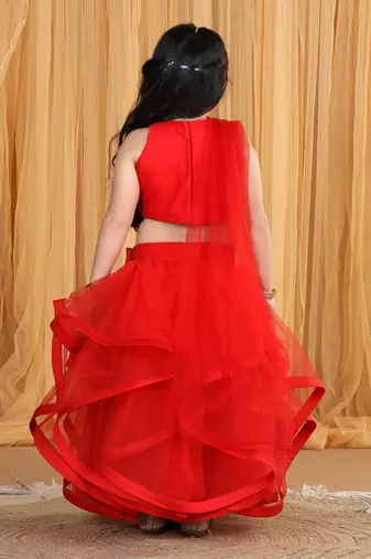 Red net layers and embroidery lehanga set