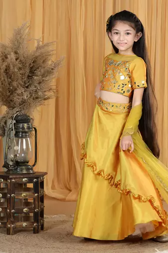Mustard yellow mirror work lehanga set
