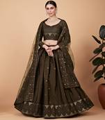 Green Sequins And Thread Embroidered Tebi Silk Lehenga