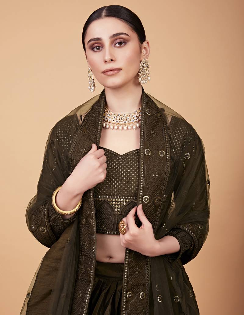 Green Sequins And Thread Embroidered Tebi Silk Lehenga