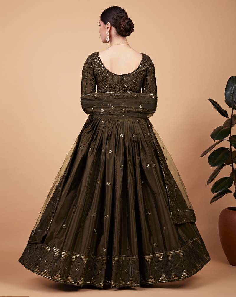 Green Sequins And Thread Embroidered Tebi Silk Lehenga