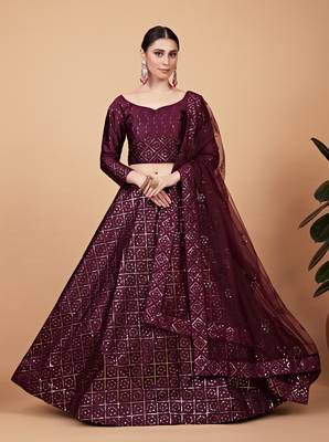 Phenomenal Wine Sequins And Thread Embroidered Tebi Silk Lehenga Choli For Wedding 1