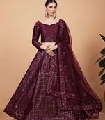 Phenomenal Wine Sequins And Thread Embroidered Tebi Silk Lehenga Choli For Wedding