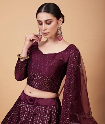 Phenomenal Wine Sequins And Thread Embroidered Tebi Silk Lehenga Choli For Wedding 2