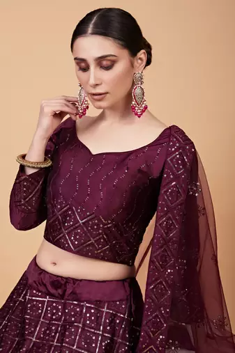 Phenomenal Wine Sequins And Thread Embroidered Tebi Silk Lehenga Choli For Wedding