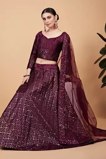 Phenomenal Wine Sequins And Thread Embroidered Tebi Silk Lehenga Choli For Wedding