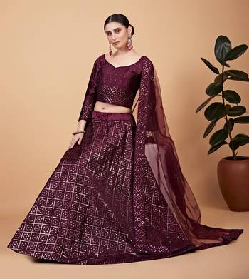 Phenomenal Wine Sequins And Thread Embroidered Tebi Silk Lehenga Choli For Wedding 4